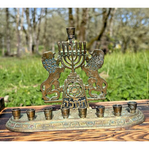 Vintage Israel Brass Hanukkah Menorah Chanukiah Lions of Judah Star of David